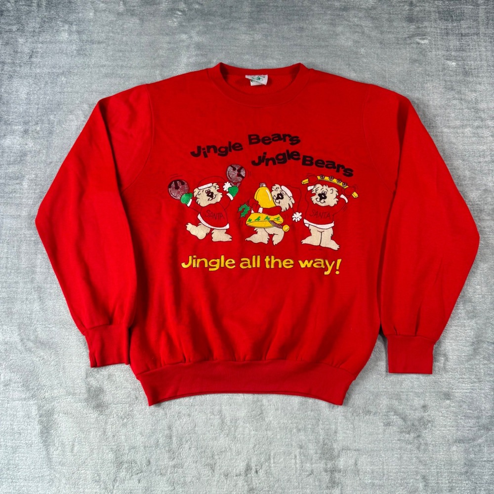 B.J. Frog Sweatshirt Men Medium Red Jingle Bears Christmas Vintage 80s Holiday